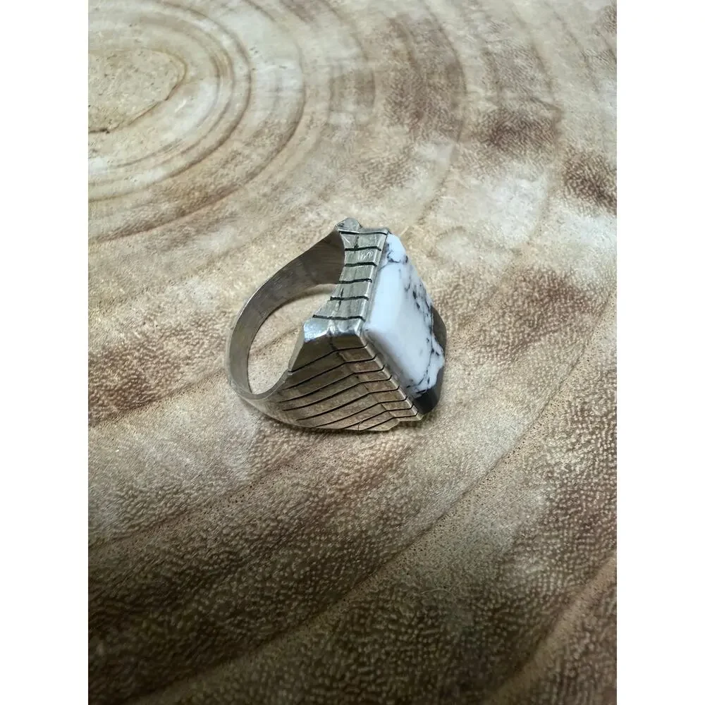 Navajo White Buffalo Turquoise Men's Ring Size 10 Silver  Sterling - Trevor Jack